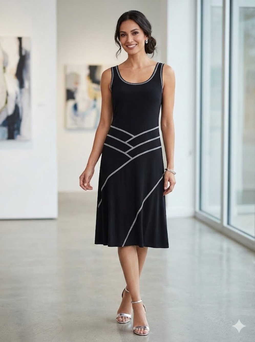 Frank Lyman Sleeveless Black Midi‎ Dress Scoop Neck Stretch Asymmetrical Size 6